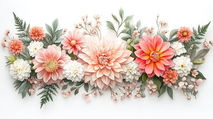 Victorian botanical bouquet with ferns and dahlias, illustrated using colored pencils, soft shading and fine detailing in petals and leaves, elegantly framed on a bright white background.