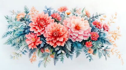 Victorian botanical bouquet with ferns and dahlias, illustrated using colored pencils, soft shading and fine detailing in petals and leaves, elegantly framed on a bright white background.
