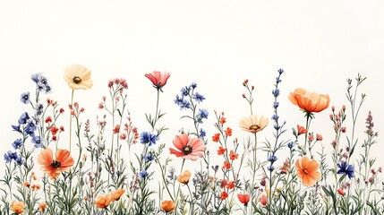 Vintage botanical drawing of a mix of garden flowers, sketched in colored pencils, arranged loosely in horizontal flow on white background.