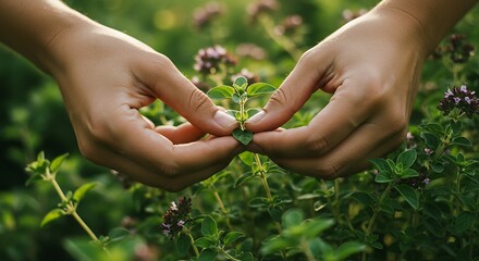 Hands carefully holding a green plant with small leaves against a green background