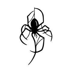 stylized black spider hanging on a web vector icon