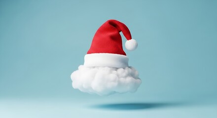 Floating santa hat with fluffy white trim against a light blue background