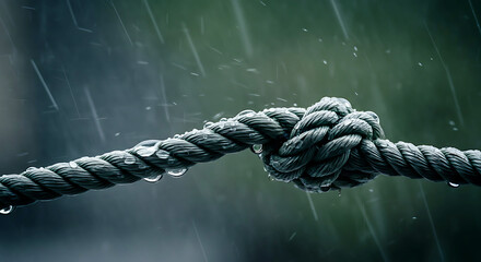 Fototapeta premium Close up of knotted rope in the rain conveying strength resilience and connection representing unity and problem solving in challenging weather conditions