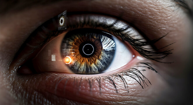 Close up of Human Eye with Futuristic HUD Overlay High Tech Vision and Augmented Reality Display Concept
