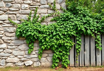 Rustic stone wall, weathered wood fence, overgrown vines,  overgrown,  rustic