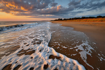 Gentle ocean waves washing onto a sandy beach at sunset with clouds and tall grasses in the distance.