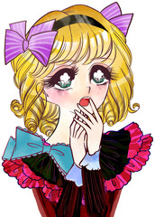 キラキラした瞳で驚く昭和レトロ風少女漫画の金髪縦ロールお嬢様のカラーイラスト