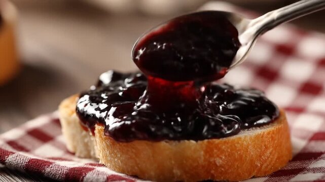 Close up of bread slice with pouring dark fruit preserve topping