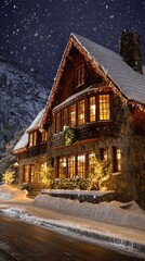 Snowy building decorated for winter holiday