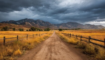 Dirt road through autumnal field, flanked by split-rail fences, leading towards dramatic, looming mountains under a stormy sky