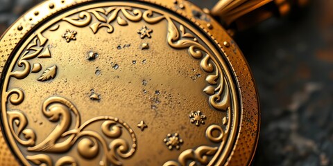 Close-up of antique gold locket, intricate detailing, aged patina, jewelry, retro