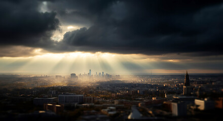 Obraz premium Dramatic Sunlight Piercing Through Storm Clouds Over Urban Cityscape Creating Atmospheric Mood and Tonal Contrast