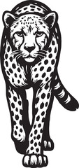 Intense black and white woodcut style illustration of a cheetah walking forward with determined eyes
