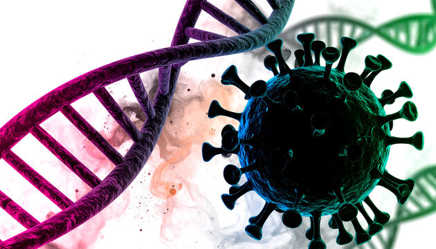 3D Render of Coronavirus with DNA Strand, Medical Illustration, Science Concept.