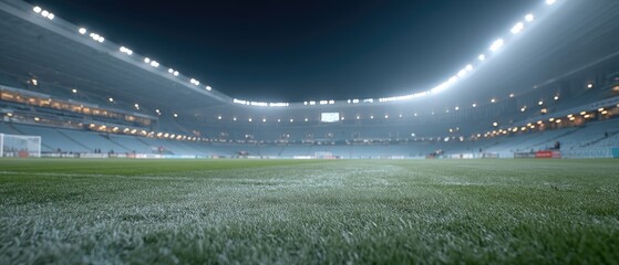 Empty Football Stadium At Night With Green Field Illuminated By Bright Floodlights and Blue Sky Background