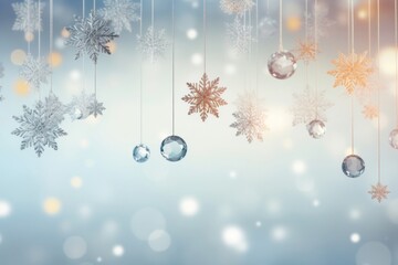 Fototapeta premium Elegant snowflakes suspended from a luminous bright light white background backgrounds christmas illuminated.