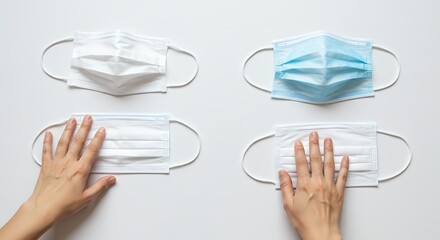 Face masks arranged on white surface with hands displaying protection