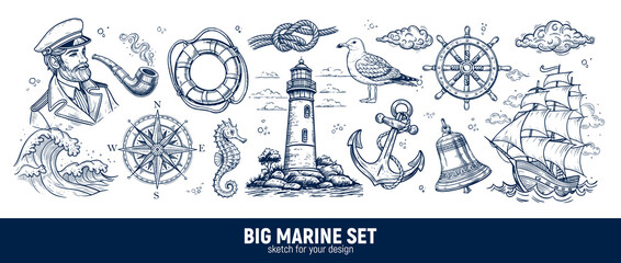 Big Marine Set A Collection of Nautical Illustrations and Icons for Various Uses. Vector hand-drawn sketches