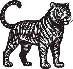 Majestic bengal tiger standing proudly with striking black and white stripes and curled tail