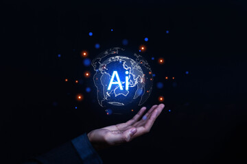 Artificial intelligence concept with glowing AI text inside digital globe above human hand, symbolizing machine learning, innovation, big data, and future technology in global network.