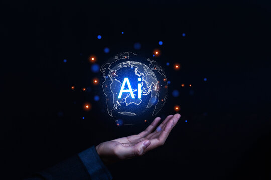 Artificial intelligence concept with glowing AI text inside digital globe above human hand, symbolizing machine learning, innovation, big data, and future technology in global network. - Powered by Adobe