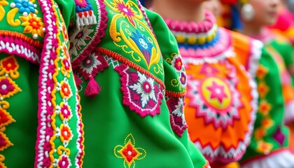 Close-up of vibrant traditional folk dance costumes, intricate embroidery details, art, traditional