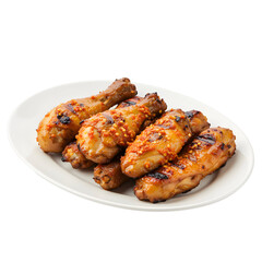 Plate of glazed chicken drumsticks with red pepper flakes arranged on a white dish on white or transparent background