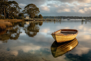 Obraz premium An old wooden rowboat floats calmly on clear, still water near a shoreline with trees and houses.