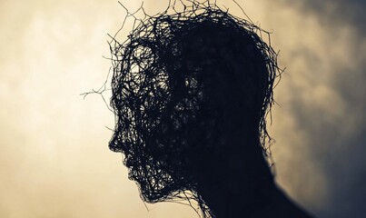 person in silhouette stitched together with thread barely holding together fragile emotional state