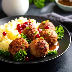 Meatballs with mashed potatoes and gravy