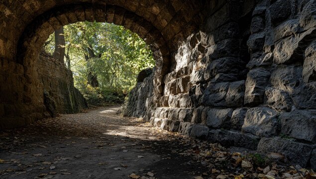 Sunlit path through a stone archway in a park, leading to a leafy grove.  Rough-hewn stone walls flank the dirt path, autumn leaves scattered on the ground - Powered by Adobe