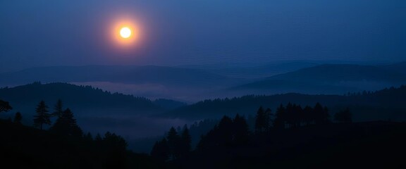 Serene moonlit valley, silhouetted trees, misty hills, shadows, scenery