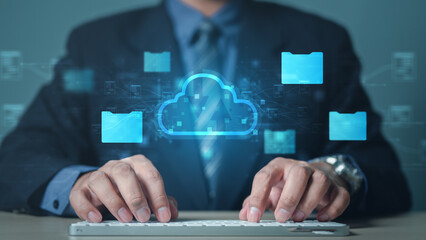 cloud,upload,backup,transfer,storage,progress,sync,data,online,drive, Businessman typing with cloud...