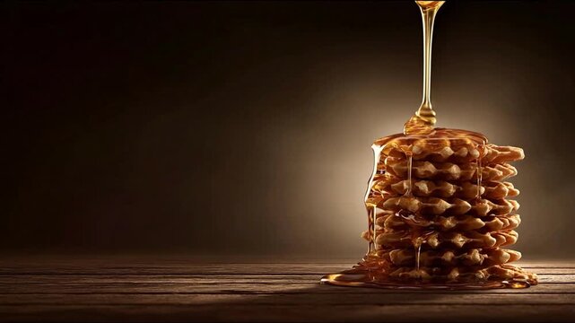 Golden syrup pouring over stack of waffles on wooden surface
