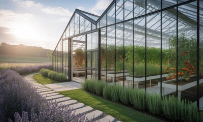 Modern greenhouse at sunrise, nestled in a lavender field.  Glass panels, dark metal framing, and plants inside.  Pathway leads to the entrance