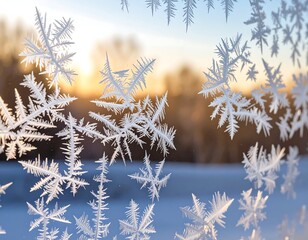 Obraz premium Intricate frost patterns adorn a windowpane, backlit by a warm sunset