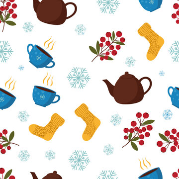 Cozy winter theme with hot drinks snowflakes and festive berries.