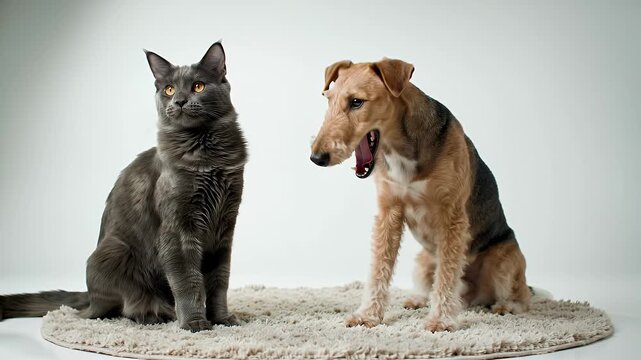 A Sleek Charcoal Gray Nebelung Cat with Golden Eyes and an Airedale Terrier Dog Sitting Calmly on a White Rug with a Solid White Backdrop in a Medium Shot Perfect for Decoration