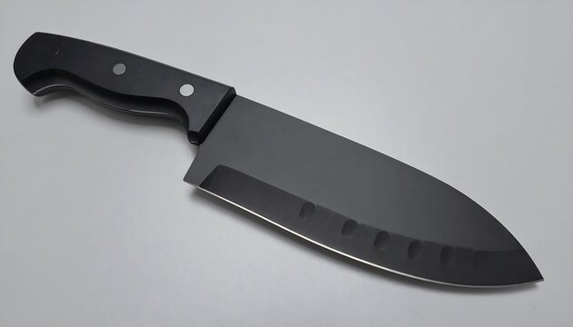 Black chef's knife with ergonomic handle, rests on white background
