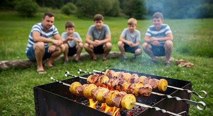 Family barbecue outdoors with grilled food and gathering together