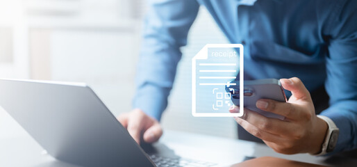 receipt, scan, expense, bookkeeping, finance, document, reimbursement, Businessman scanning receipt with smartphone represents digital bookkeeping, expense tracking, and financial management.
