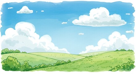 Fototapeta premium Cartoon landscape illustration rolling green hills under bright blue sky with clouds
