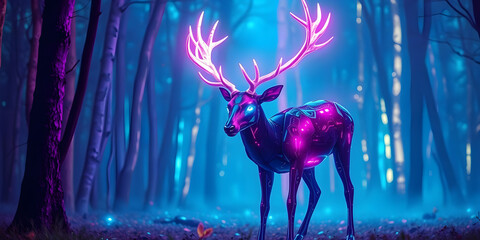 Cybernetic deer standing in neon forest, glowing antlers radiating digital light.