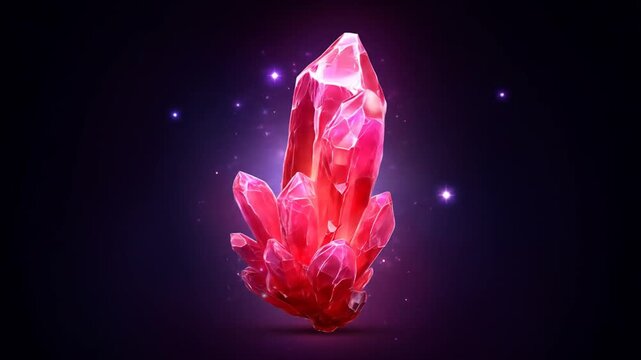 Glowing crystal formation on dark background with light particles