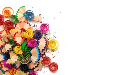 Artistic Cascade of Colorful Pencil Shavings and Spirals on a White Banner with Copy Space