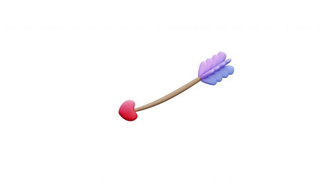 3D Animation of a cupid arrow with heart tip and purple feathers, perfect for valentine, wedding, couple branding, and romantic-themed content