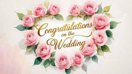 watercolor pink roses arranged in a heart shape around a golden cursive script that reads Congratulations on the Wedding