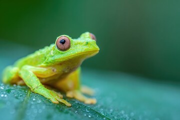Obraz premium Bright green frog perched on leaf, showcasing unique vibrant col