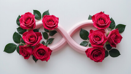 A delicate pink infinity symbol adorned with lush red roses, symbolizing everlasting love, set against a pristine white background