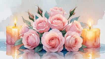 Pastel watercolor illustration of a delicate bouquet of soft pink roses with gentle, swirling petals and subtle texture, placed in front of warm, glowing candles